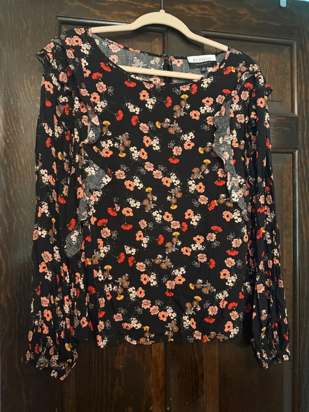 Eloquii Black Floral Ruffle Long-Sleeve Blouse with Pink & Red Flowers